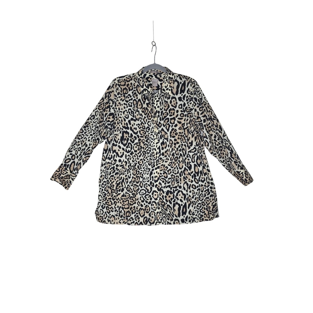 Chicos No Iron Leopard Print Button Down Shirt Petite 2P Tan Black Long Sleeve